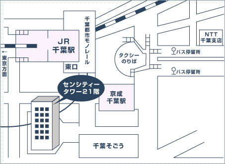 JR千葉駅南口を出て横断歩道を渡ると、京成千葉駅の右側にある「SENCITY　TOWER」と書かれた入口のビル 京成電鉄千葉線京成千葉駅西口から出て左折し、千葉都市モノレールの線路を挟んだ向かいにあるビル