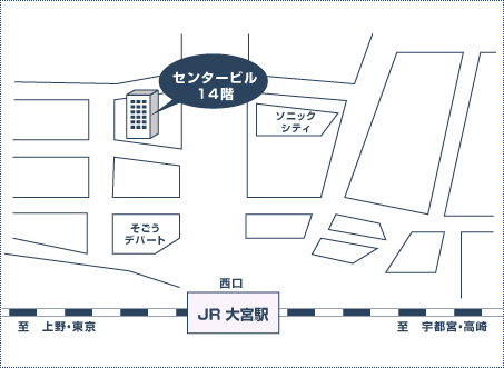 JR大宮駅西口を出てバスロータリーを超えて西へ直進し、2つ目の角を左折して右手側2つ目にあるビル