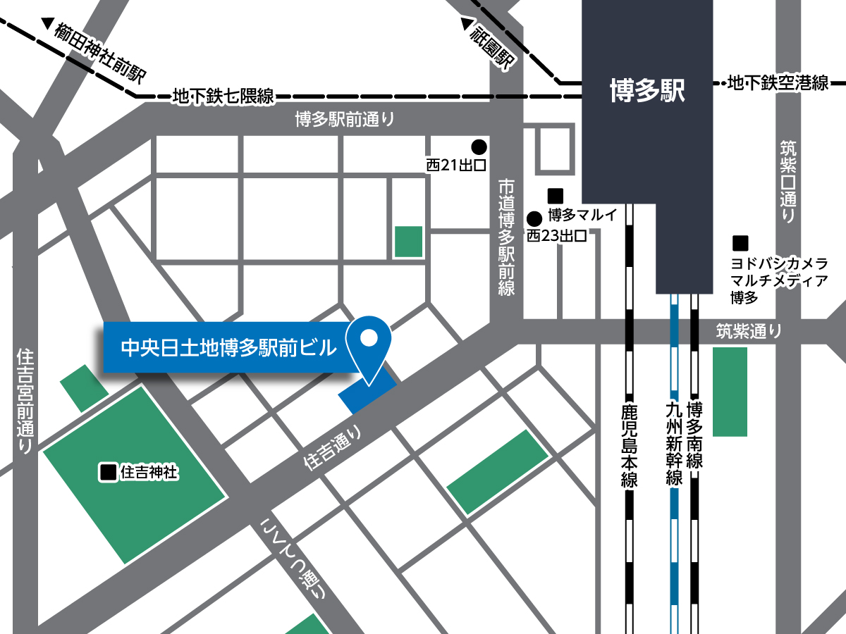 中央日土地博多駅前ビルへのアクセスマップ。博多駅から住吉通りへ進みます。そのまま直進すると、右手に中央日土地博多駅前ビルがあります。